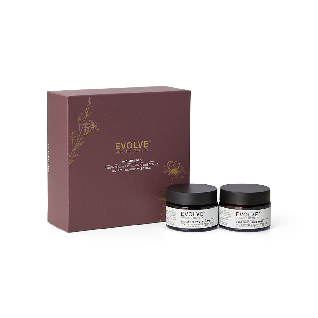 EVOLVE RADIANCE DUO Gavesett m/ Radiant Glow 2-in1 Mask Scrub 30ml og Bio-Retinol Gold Mask 30ml